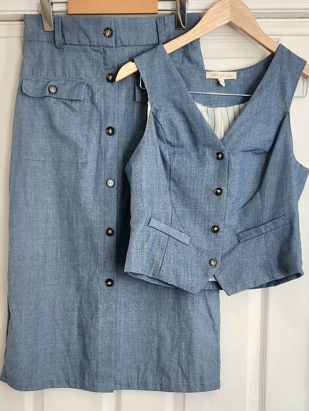 Women's Blue Denim-Style Button-Front Skirt and Vest Set